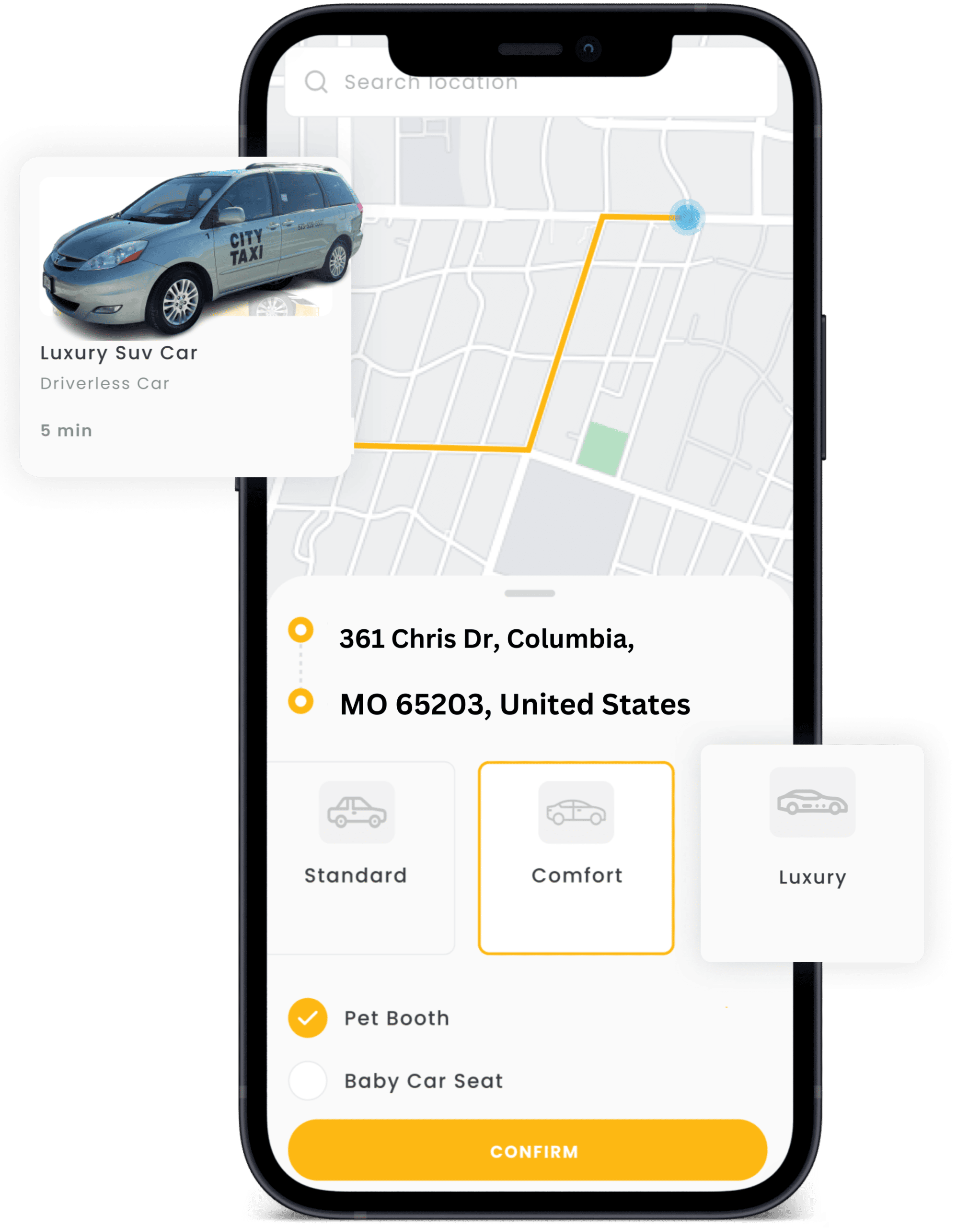 City Taxi booking app showing a ride in Columbia, MO
